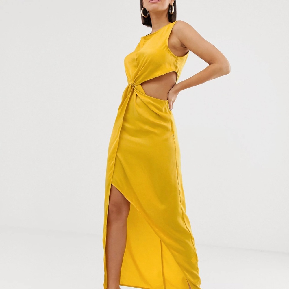 Missguided satin maxi dress with twist front and cut out in yellow